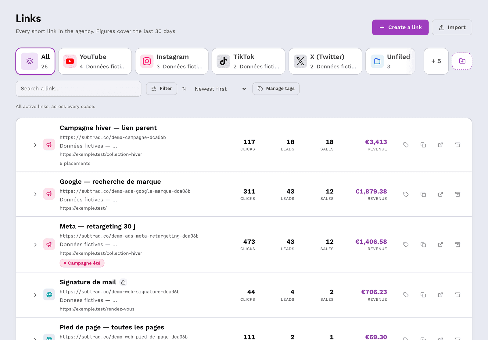 The links list: each row shows its channel, clicks, and revenue.